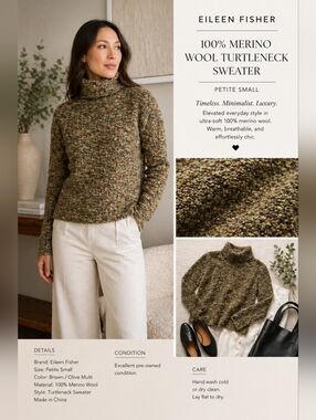 Eileen Fisher 100% Merino Wool Turtleneck Sweater Minimalist Luxury - S Petite